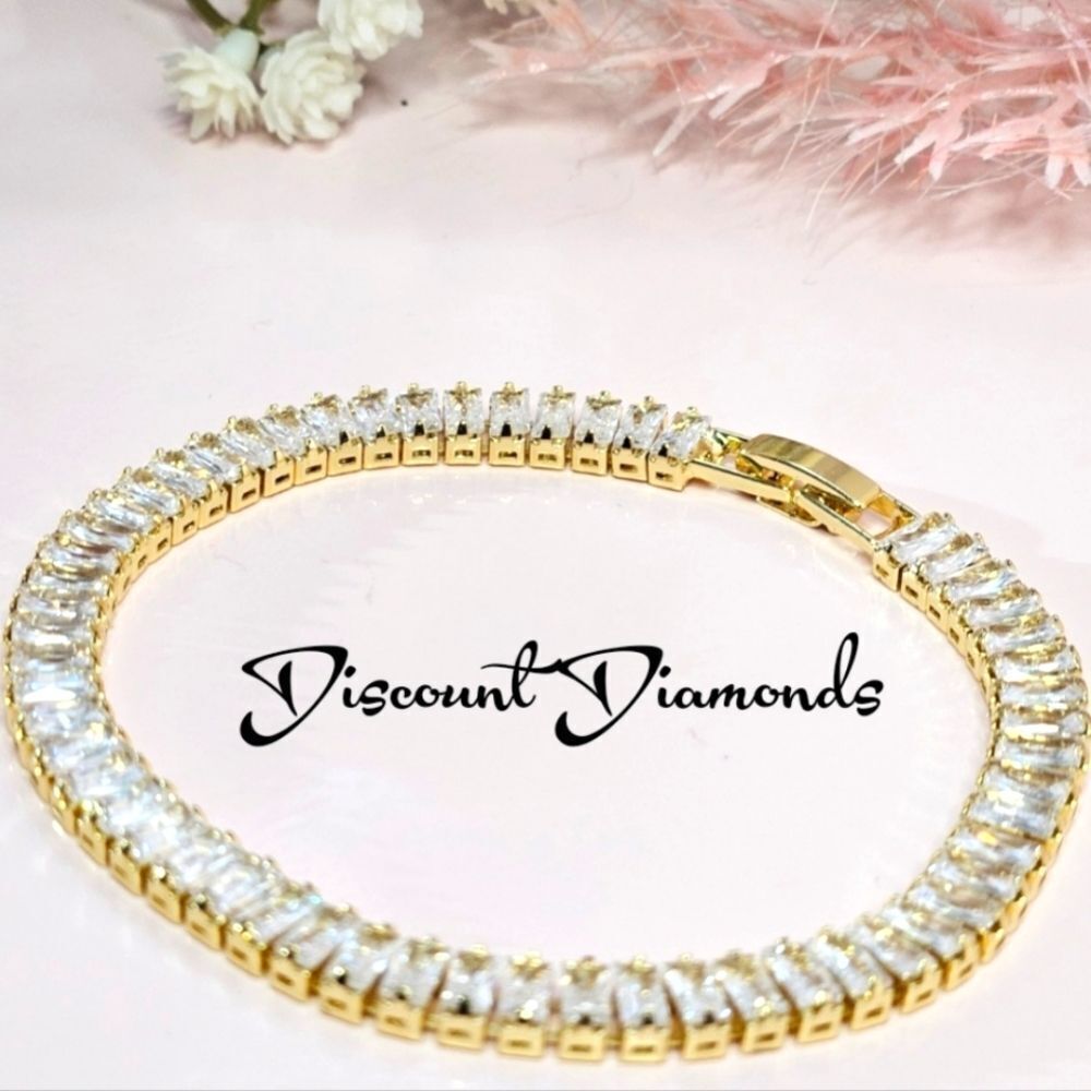Clear white Baguette Diamond Tennis Bracelet 14K Gold on 925 Sterling Silver